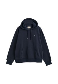 Felpa blu navy realizzata in cotone misto, con tasca frontale a marsupio, cappuccio regolabile con cordino e un piccolo logo sul petto.