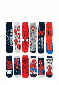 Set of 12 children's socks featuring Spider-Man designs. Colors include red, gray, navy, and black with various Spider-Man graphics and motifs.