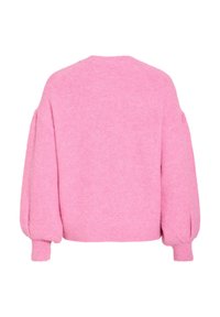 Pull en tricot rose avec une coupe décontractée, des manches ballon et des poignets côtelés. Texture douce avec une apparence confortable, sans accessoires visibles ni motifs.