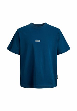 Navy blue short-sleeve t-shirt made of cotton with a crew neckline and a white logo centered on the chest. Features a side label.