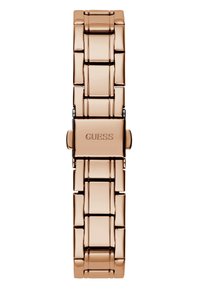 Ružovo-zlatý kovový náramkový hodinkový s rectangulárnymi článkami, leštený povrch a spona s logom "GUESS". Jednoduchý a elegantný dizajn.