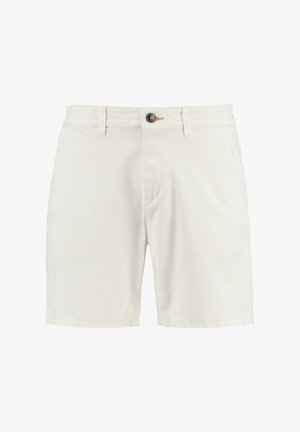 Shorts albe din bumbac cu un design clasic, închidere cu buton, bucle pentru curea și croială dreaptă, oferind o textură fină și o potrivire ajustată.