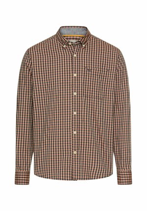 Long-sleeve button-up shirt in brown and black check pattern. Features a single chest pocket and a collar. Made from woven fabric.
