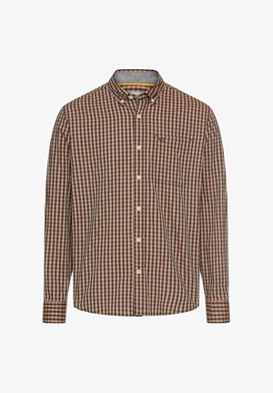 Langärmliges Button-up Hemd im braun-schwarzen Karomuster. Verfügt über eine einzelne Brusttasche und einen Kragen. Hergestellt aus gewebtem Stoff.