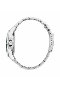 Orologio da polso in acciaio inossidabile argento con cassa rotonda, lunetta verde e bracciale a maglie. Presenta una corona e una fibbia sul lato.