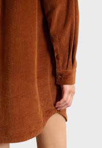 Braunes Corduroy-Hemdkleid mit vertikalen Rippungen, Knopfmanschetten und einem abgerundeten Saum. Die Textur wirkt weich und plüschig.