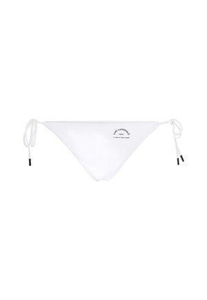 White bikini bottom with adjustable side ties; features a black logo print near the waistband; smooth, stretchy fabric.