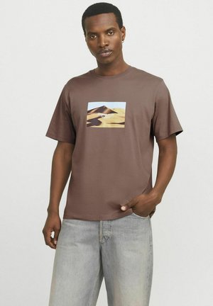 Brun bomulds t-shirt med korte ærmer, der har et rektangulært grafisk motiv af et sandklitlandskab. Løs pasform, rund halsudskæring, let tekstur.