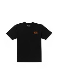 Sort bomulds T-shirt med korte ærmer, præget af et lille orange logo på venstre bryst. Enkel rund hals design.