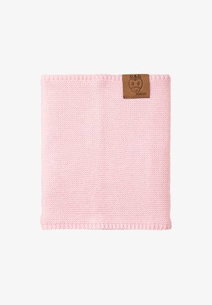 Knitted pink neck warmer with a smooth texture and ribbed edges, featuring a small brown leather tag with a playful animal logo.
