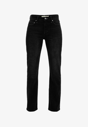 Juodos džinsinės kelnės tiesaus kirpimo, turinčios penkis kišenes, užsegamos mygtuku ir užtrauktuku, su subtiliais siuvinėjimo akcentais.