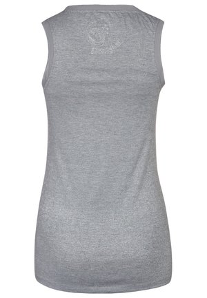 Grijs mouwloos shirt van zacht, textuurstof met een ronde halslijn en subtiele decoratieve borduursels aan de achterkant.