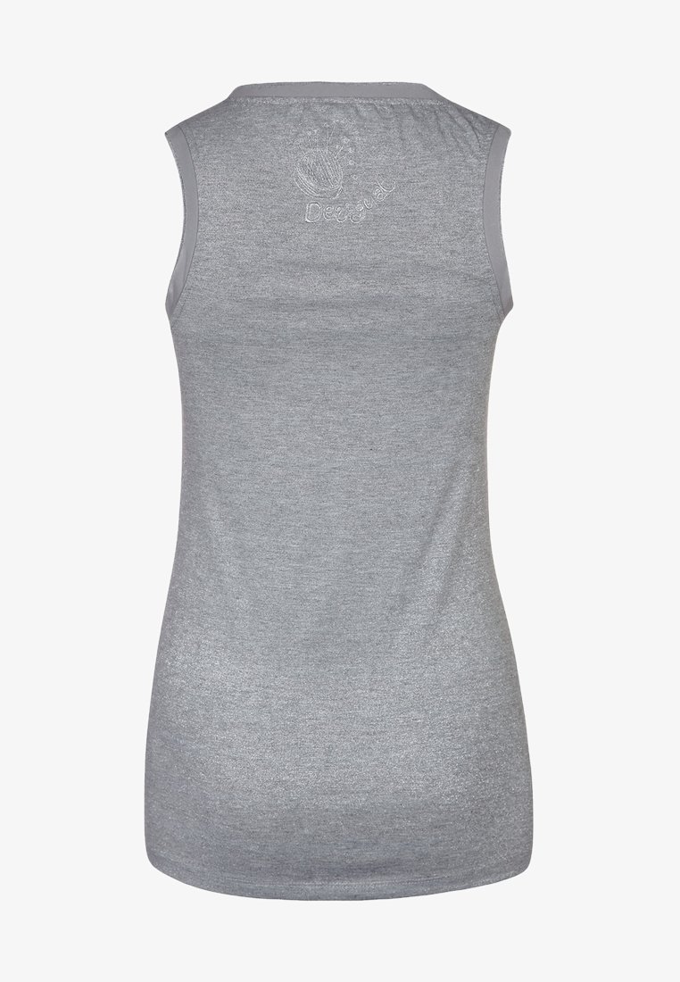 Camiseta sin mangas gris hecha de una tela suave y texturizada, con un escote redondeado y un sutil bordado decorativo en la parte posterior.
