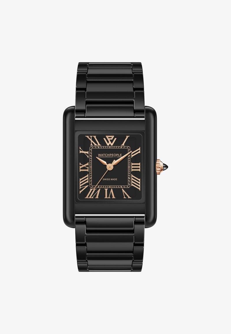 Rektangulär svart klocka med metallarmband, med svart urtavla och gula romerska siffror. "WATCHPEOPLE"-logotypen uppe.