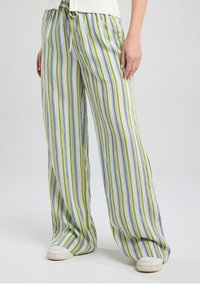 Lightweight, wide-leg trousers in white with vertical green and blue stripes, featuring an elastic waistband and drawstring for adjustment.