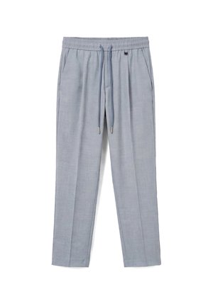 Hellgraue Freizeithose mit elastischem Bund, vorderen Taschen und Kordelzügen, auf weißem Hintergrund angezeigt.