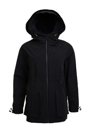 Giacca nera impermeabile con cappuccio, chiusura zip frontale, toggles regolabili e due tasche anteriori. Caratterizzata da polsini elasticizzati e vita con cordino.