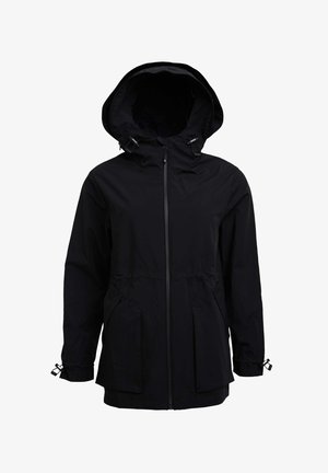 Zwarte waterdichte jas met een capuchon, rits aan de voorkant, verstelbare toggles en twee voorzakken. Beschikt over elastische manchetten en een trekkoord in de taille.