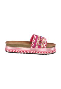 Sandalo piatto con una larga fascia rosa decorata con accenti colorati intrecciati, abbinato a una suola intrecciata. Suola in gomma scura per una migliore aderenza.