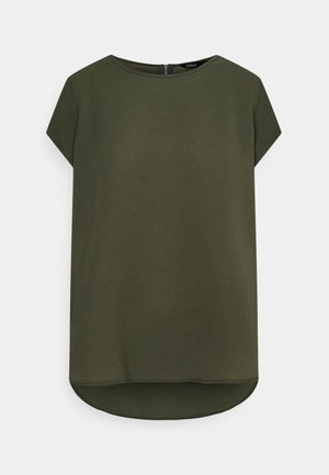 Olive green short-sleeve blouse with round neckline, textured fabric, and slightly curved hem, zipped at the back.