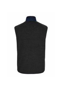 Μαύρο fleece γιλέκο με ψηλό γιακά που εμφανίζεται από πίσω, με μαλακό υλικό με υφή και απλό σχεδιασμό χωρίς μανίκια.