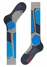Calze con una base grigia e motivi geometrici blu e navy, bordo a coste, zone rinforzate e etichetta di taglia rossa.