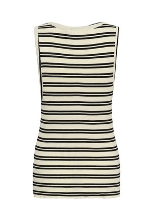 Ärmelloses Oberteil in Creme mit schwarzen horizontalen Streifen, gerippter Struktur, rundem Ausschnitt und leicht geschwungenem Saum.