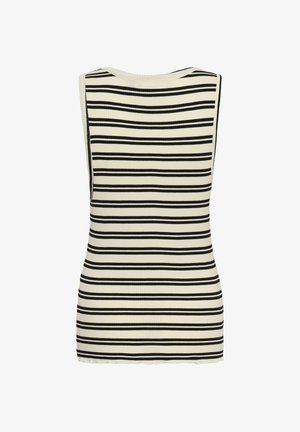 Top fără mâneci în culoarea crem cu dungi orizontale negre, textură ribană, decolteu rotund și tiv ușor curbat.