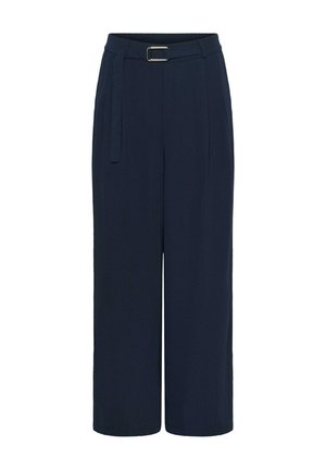 Marineblaue Hosen mit weitem Bein, ausgestattet mit einem passenden Stoffgürtel und einer silbernen Schnalle, mit vorderen Falten und hoher Taille.