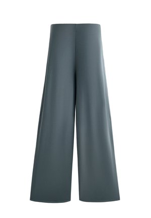 Pantalons à taille large en teal doux, présentant une texture lisse et mate, une coupe surdimensionnée et un design simple sans quincaillerie ou accents visibles.