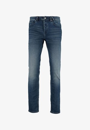 Jeans in denim blu scuro con finitura sbiadita, design a gamba dritta, cinque tasche e chiusura a bottone classica in vita.