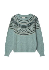 Jasnoniebieski sweter z dzianiny z okrągłym dekoltem, wzorzysty karczek w odcieniach szarości, czerni i bieli. Długie rękawy, miękka faktura, luźny krój.