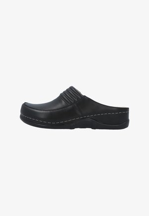 Black leather slip-on clog with padded top, white stitching along the sole, and a slight heel for casual wear.