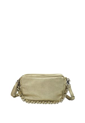 Petit sac bandoulière doré avec détail chaîne, sangle réglable et logo "Mila Louise Paris" à l’avant.