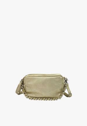 Petit sac bandoulière doré avec détail chaîne, sangle réglable et logo "Mila Louise Paris" à l’avant.