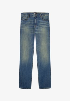 Blue straight-leg denim jeans with faded areas on thighs and knees, five pockets, belt loops, and button closure at the waist.