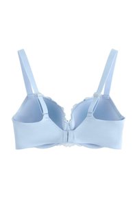 Reggiseno azzurro chiaro con spalline regolabili, bordi smerlati e chiusura a gancio sul retro. Tessuto liscio senza motivi.