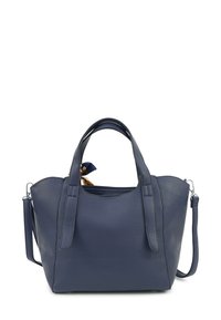 Donkerblauwe leren handtas met een gestructureerde afwerking, twee bovenhandgrepen, een verstelbare schouderriem en een decoratieve sjaalaccent.