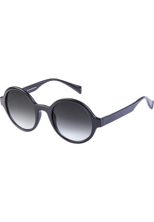 Round sunglasses with a matte black plastic frame and gradient gray lenses. Features slim, curved arms for a secure fit. UV protection indicated.