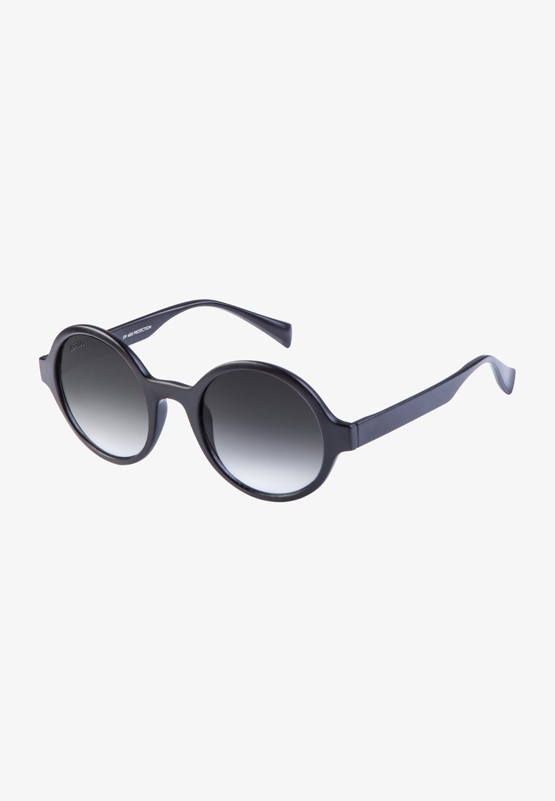 Round sunglasses with a matte black plastic frame and gradient gray lenses. Features slim, curved arms for a secure fit. UV protection indicated.