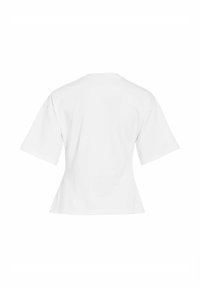 Biały krótki top z krótkim rękawem o luźnym kroju, z okrągłym dekoltem i lekko rozkloszowanym dołem. Gładka faktura bez widocznych wzorów.