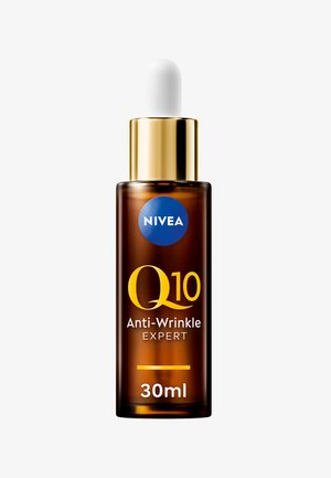 Brown glass dropper bottle with a gold cap and white dropper. Features blue and yellow labeling: "NIVEA Q10 Anti-Wrinkle EXPERT," 30ml.