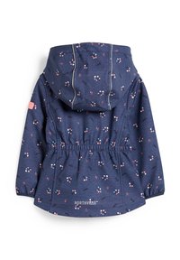 Veste bleu marine à motifs avec capuche, ornée de petits motifs floraux roses et blancs. Taille élastiquée avec l'inscription "NORTHVILLE" en bas.