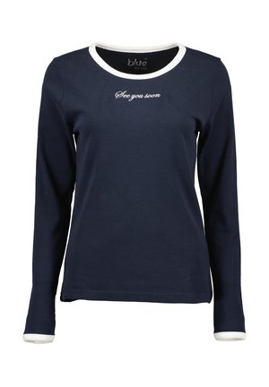Camicia blu navy a maniche lunghe con rifiniture bianche su collo e polsini, con la scritta "Ci vediamo presto" ricamata sul petto.