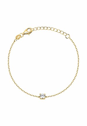 Bracelet délicat en chaîne d'or avec un fermoir mousqueton et une petite pierre précieuse ronde transparente au centre.