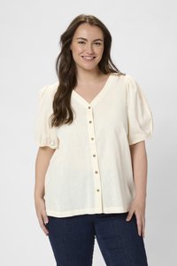 Blouse de couleur crème avec un décolleté en V, manches courtes bouffantes et fermeture à boutons. Fabriquée en tissu léger, elle présente une coupe décontractée et une texture subtile.