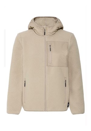 Veste polaire beige avec capuche, fermeture éclair intégrale à l'avant, poche poitrine zippée et deux poches latérales zippées.
