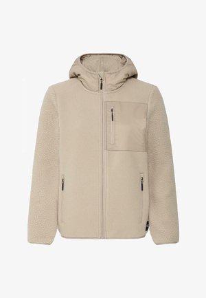 Beige Fleecejacke mit Kapuze, durchgehendem Frontreißverschluss, einer Reißverschlusstasche auf der Brust und zwei seitlichen Reißverschlusstaschen.