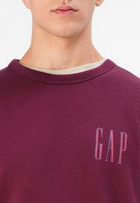 Burgunderfarget hettegenser med ribtopp ved halsen og en vertikal "GAP"-logo i blått og rosa på venstre side. Myk tekstur.