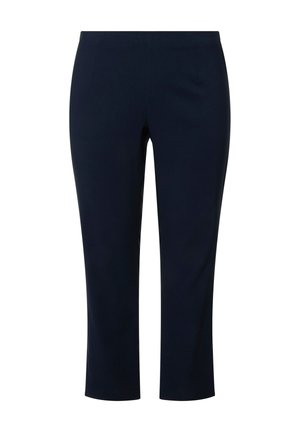 Marineblaue Stretchhose mit tailliertem Design, verkürzter Länge, zwei Fronttaschen und glatter Textur, geeignet für lässige oder formelle Anlässe.